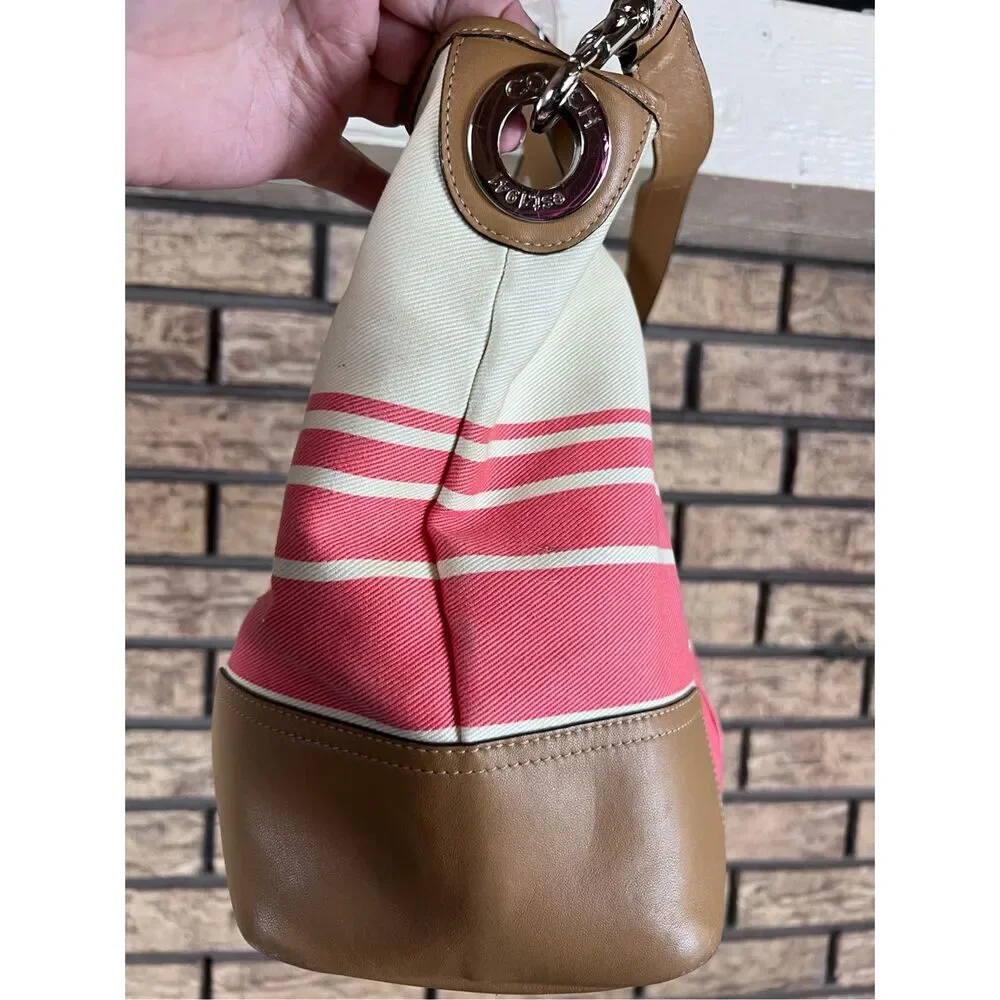Coach Hadley Variegated‎ Coral & Beige Striped Canvas Leather Tote Shoulder Bag